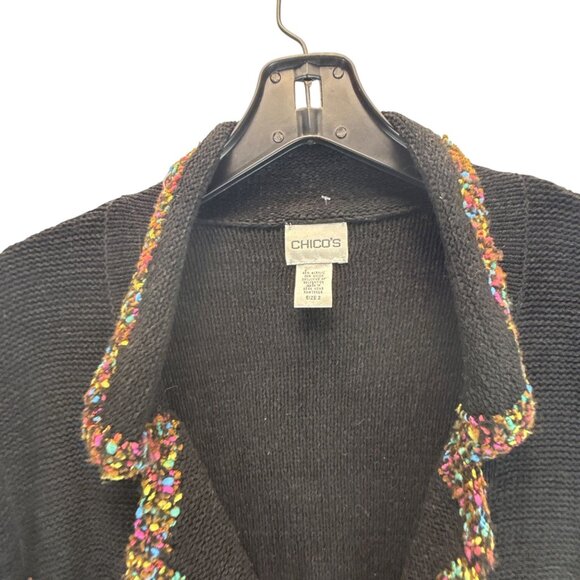 Chico's Black Knit Cardigan Jacket Size 2 Multicolor Trim Button Front Pockets - Picture 2 of 6